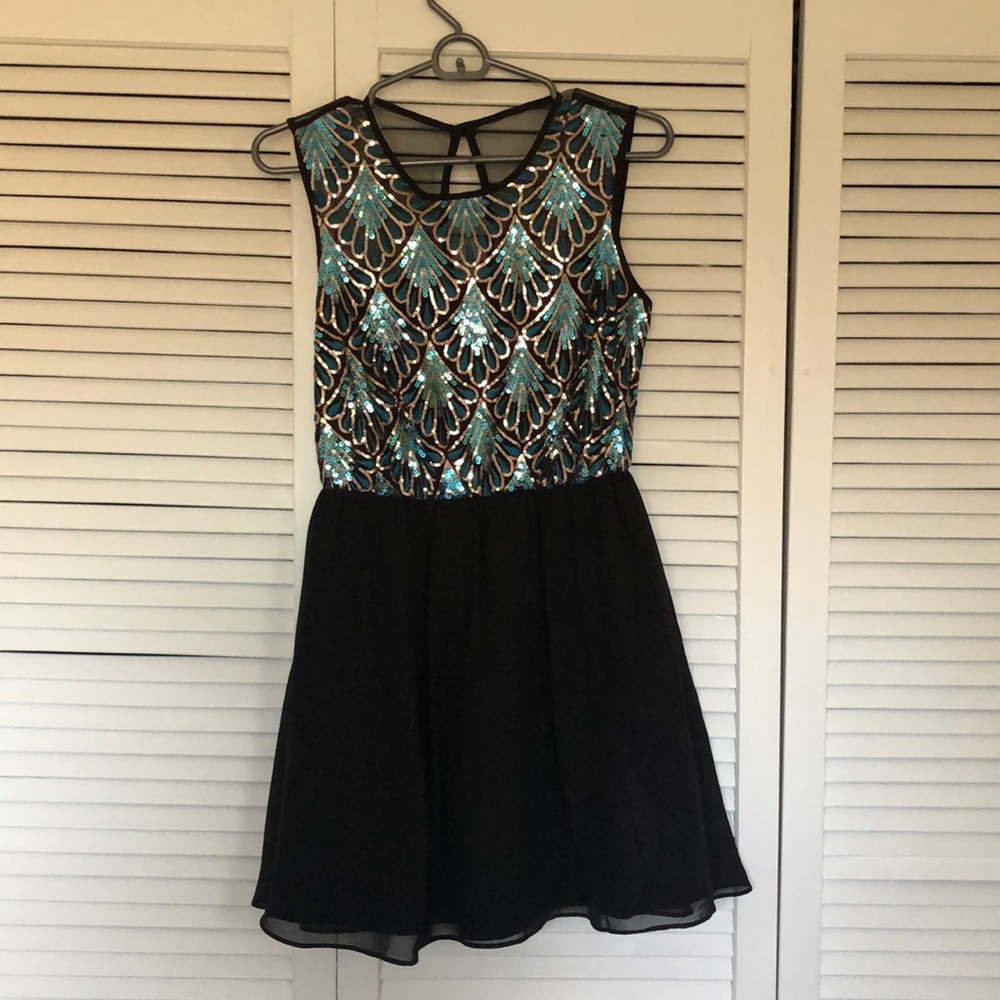 Semi-formal black and turquoise dress